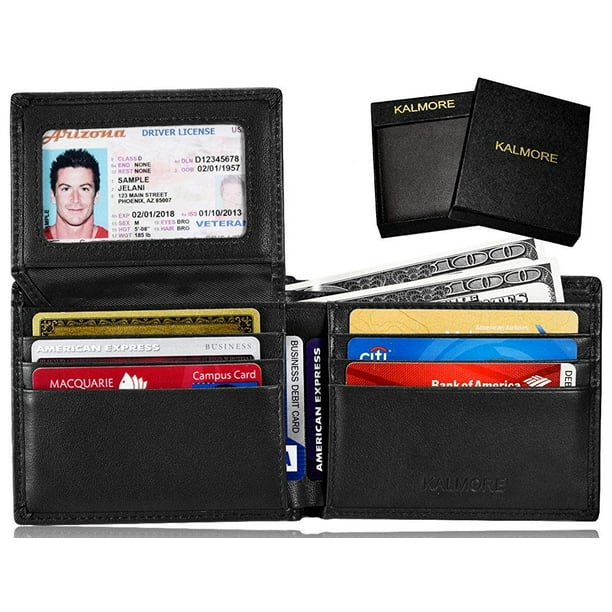 Mens Gents Soft Black Real Leather Bi-Fold Wallet Cards Notes Change ID Window 